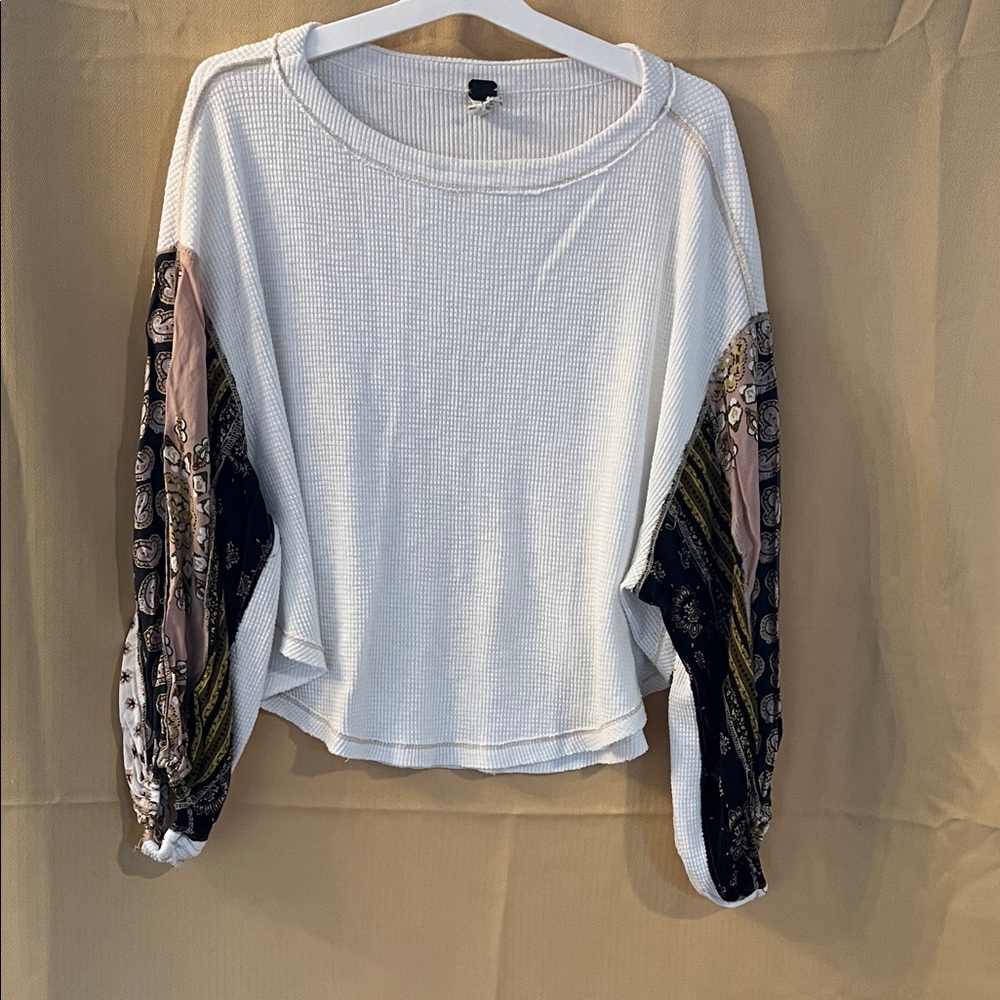 Free People White Top with Multicolor Patterned Sleeves